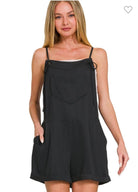 ZENANA Tell Me Romper in black with tie knot straps and chest pocket, perfect for chic, comfortable style.