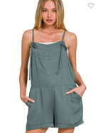 Comfortable jade romper by ZENANA with tie knot straps and chest pocket, perfect for casual chic outfits.