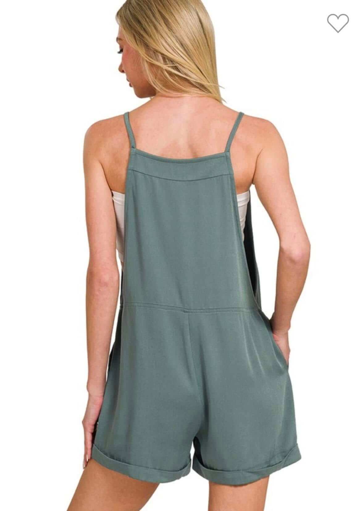 Back view of ZENANA Tell Me Romper in jade, featuring tie knot straps and a relaxed fit.