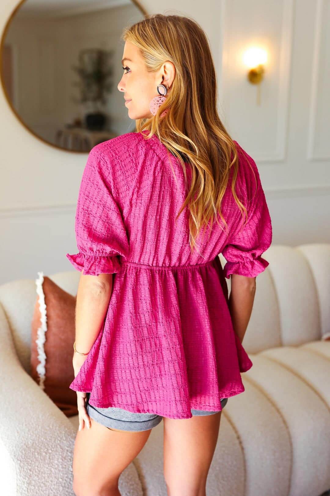 Finding Love top by Haptics: hot pink empire waist top with ruffled sleeves, perfect for spring and summer outfits.