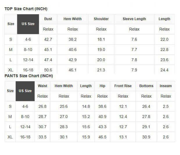 Size chart for tops and pants including bust, waist, and length measurements for S to XL sizes.
