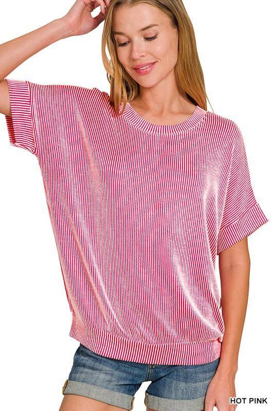 Hot pink ribbed top by Zenana, featuring dolman sleeves and a relaxed fit for breezy comfort and effortless layering.