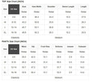 Size chart for Barefoot Bliss Set including top and pants measurements in inches for various sizes.