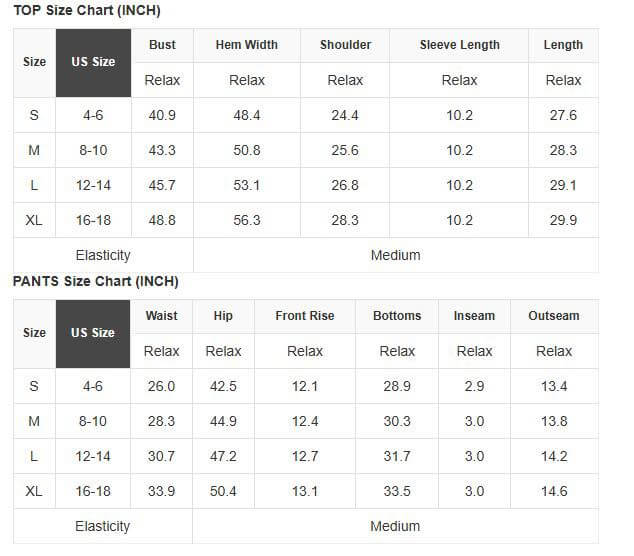 Size chart for Barefoot Bliss Set including top and pants measurements in inches for various sizes.