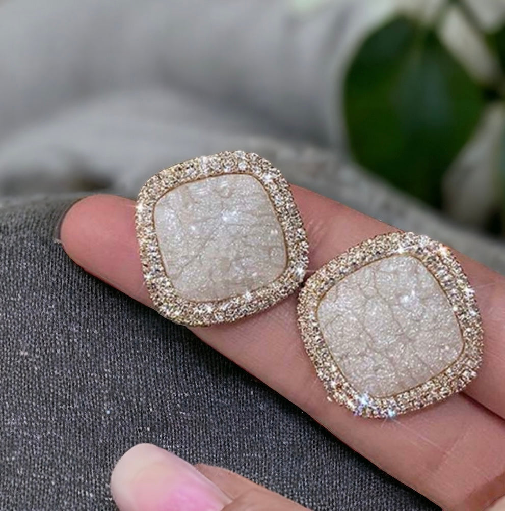 Stunning OPAL SPLENDOR Earrings with square opal stone and clear rhinestones in gold setting, perfect for elegance.