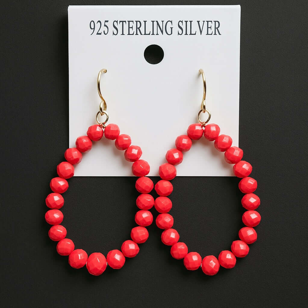 Cherish Beaded Teardrop Earrings in vibrant red, featuring 925 sterling silver and a stylish hook design.