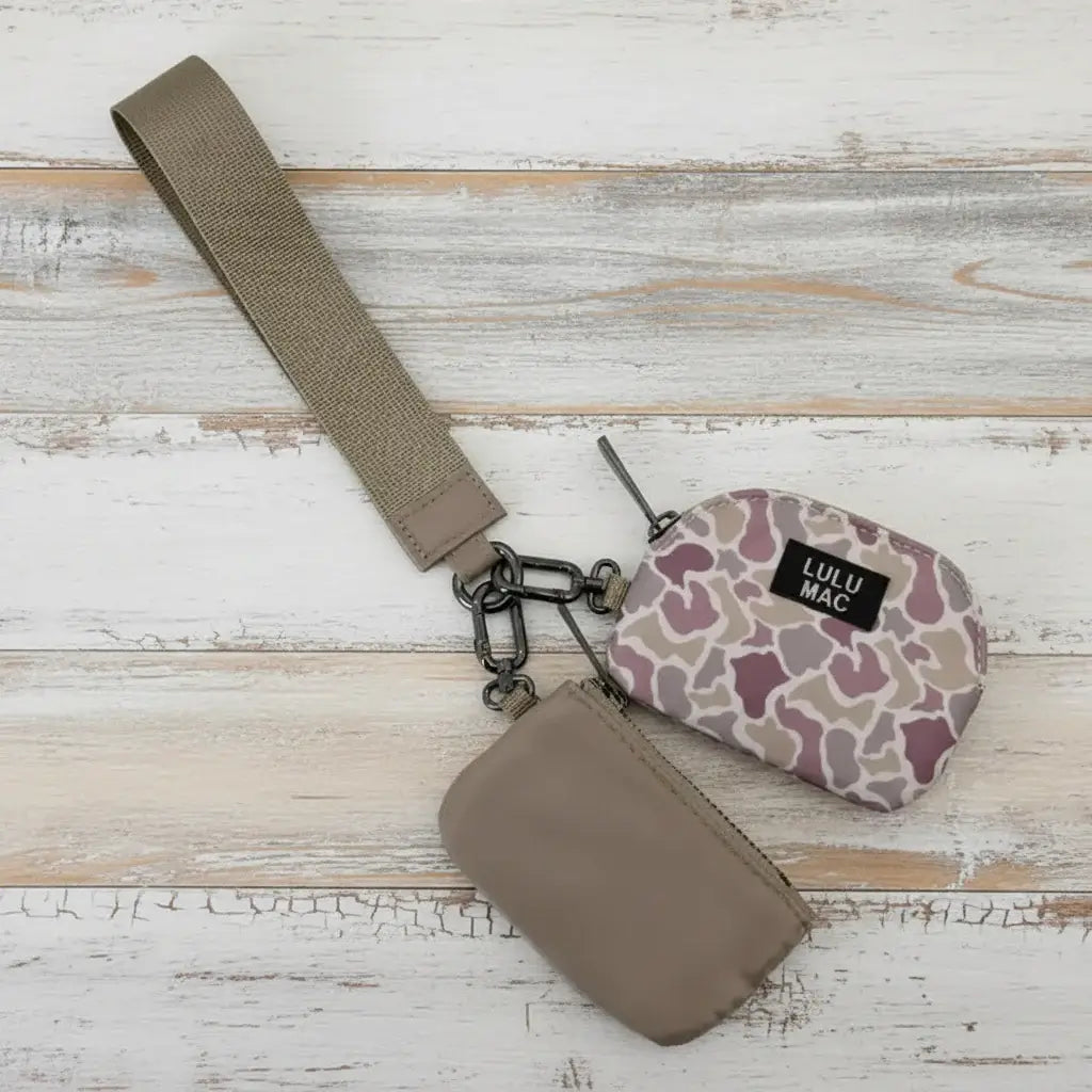 LULU MAC DOUBLE WRISTLET - CAMO, featuring a stylish double pouch design in pink and light neutral tones.