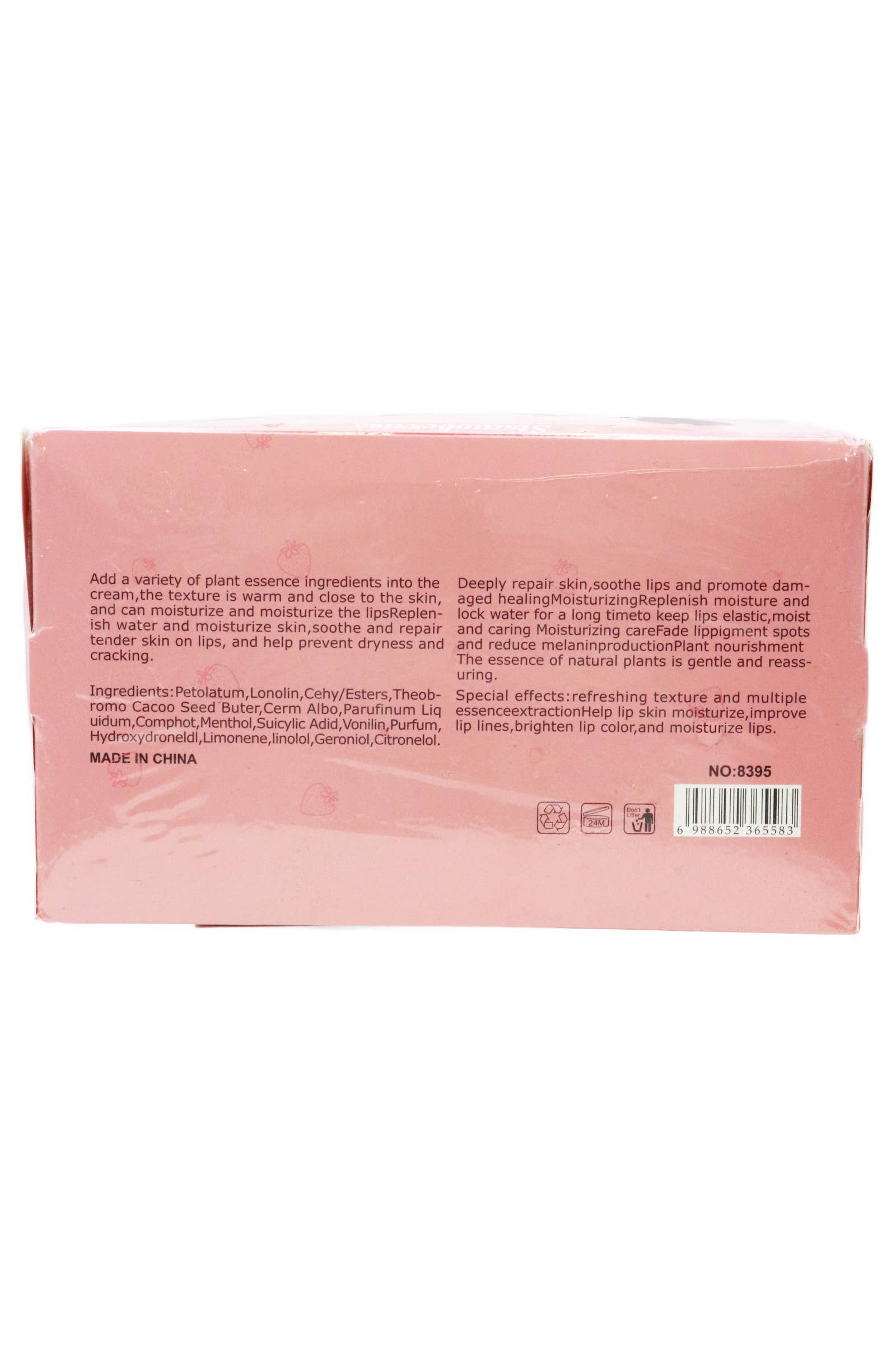 Strawberry Scented Gel Lip Balm Squeeze Tube - 36 Pcs packaging featuring ingredients and usage information.