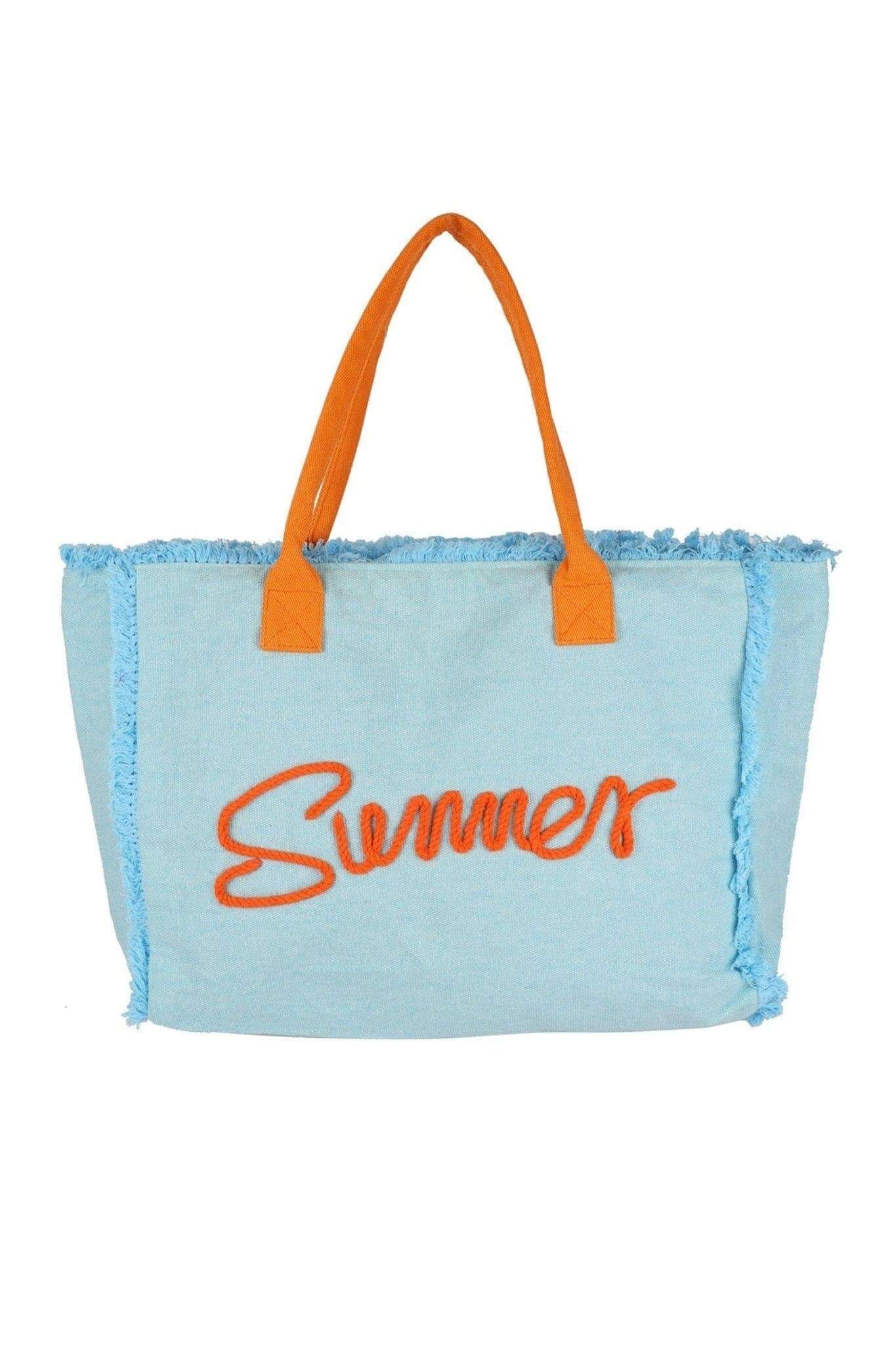 SWEET SUMMERTIME TOTE BAG in sky blue and tangerine, perfect for summer outings and stylish storage.