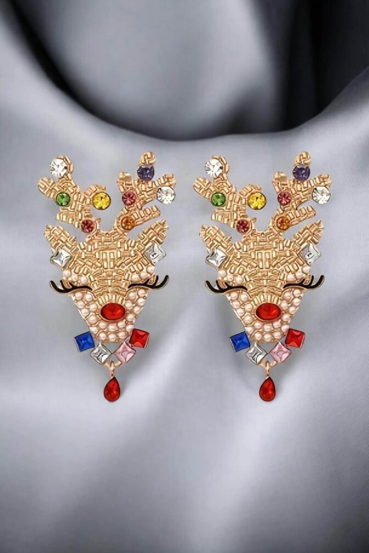 Creative gold tone rhinestone reindeer stud Christmas earrings by Vivian-Lu, featuring colorful stones.