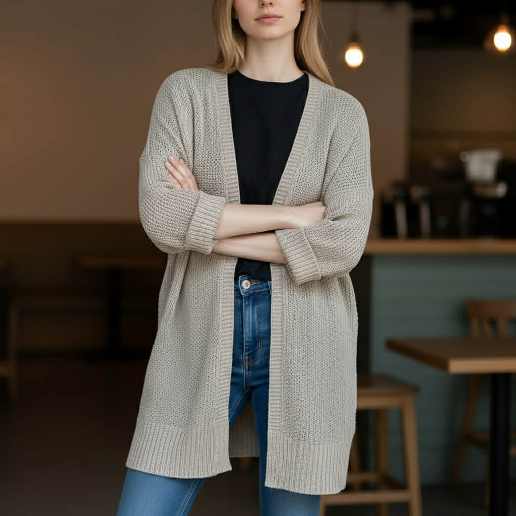 Model wearing the BAREFOOT MORNINGS CARDIGAN, a cozy open-front knit cardigan, styled casually with jeans.