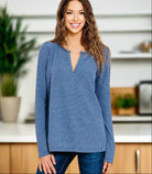 Zenana Whisper Ridge Top in Denim Blue, featuring a v-neck and baby waffle texture, perfect for any season.