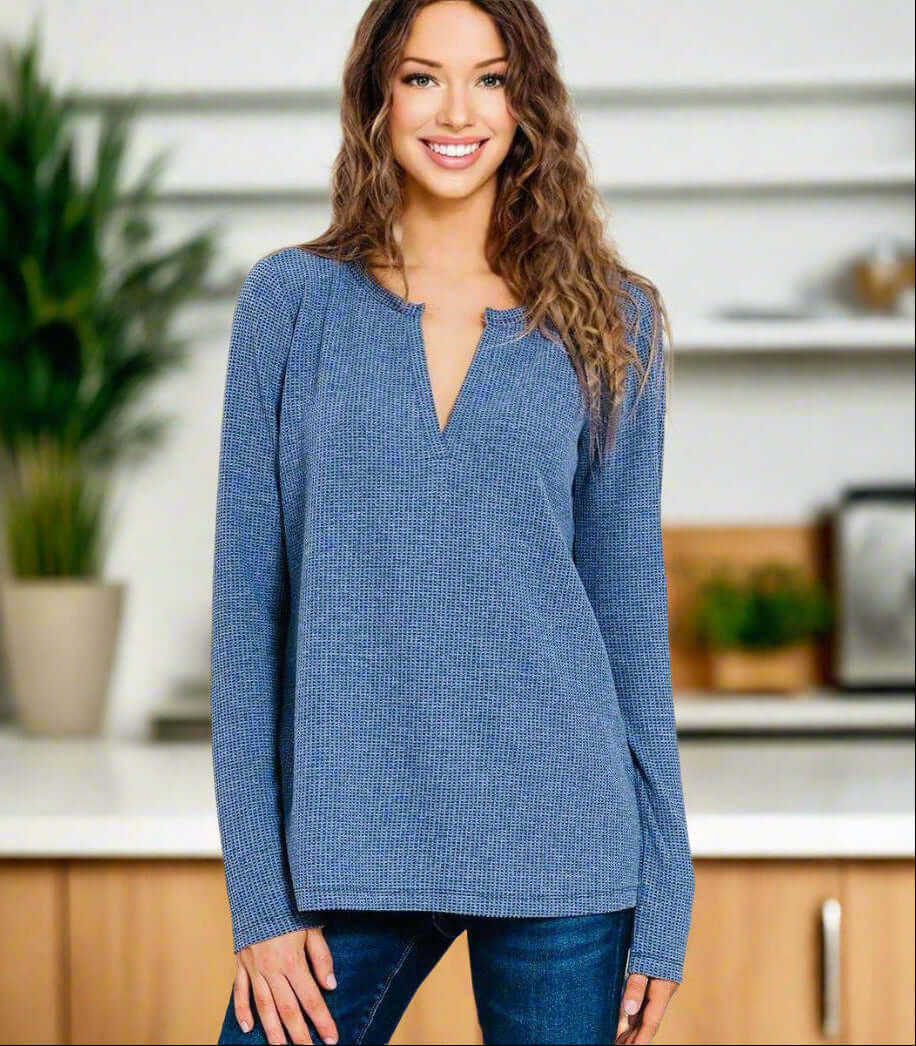 Zenana Whisper Ridge Top in Denim Blue, featuring a v-neck and baby waffle texture, perfect for any season.