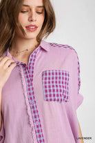 Lavender Sugarplum Sass Top by Umgee featuring gingham accents and a button-down design.