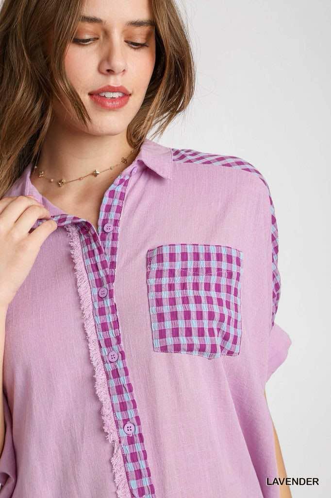 Lavender Sugarplum Sass Top by Umgee featuring gingham accents and a button-down design.