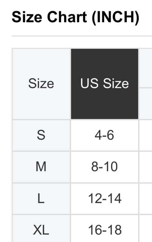 Size chart for Salsa Garden Dress showing US sizes S to XL.