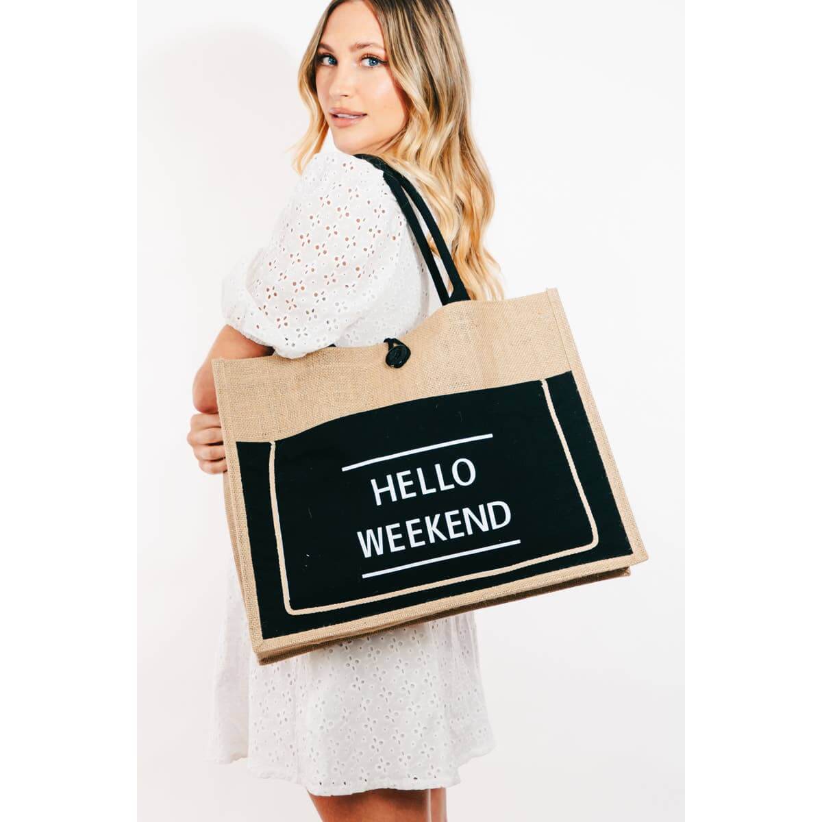 Hello Weekend burlap tote bag in stylish design, perfect for weekend outings. Made of 100% polyester, dimensions 18x14 inches.