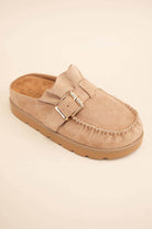 Effy Ruffle Entrance Design Slip-On Moccasin Mule with buckled strap, ruffled vamp, and comfortable semi-platform sole.