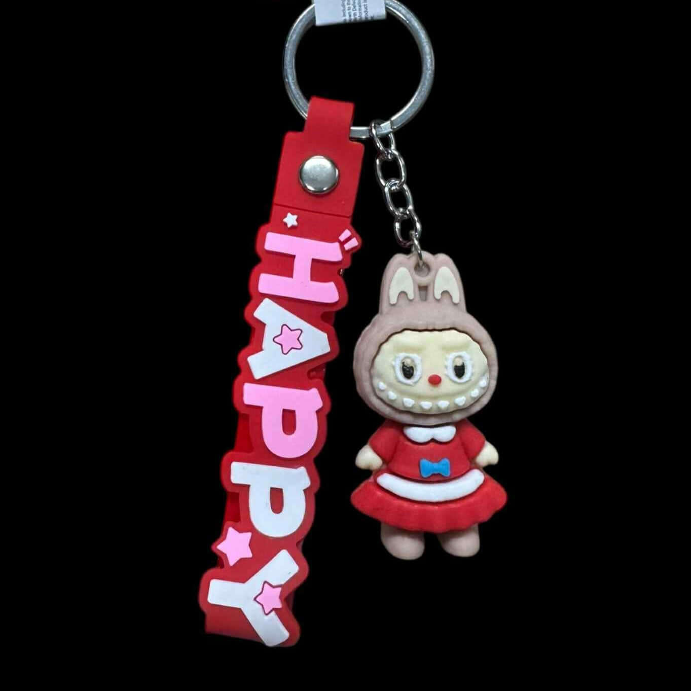 Red Labubu keychain with 'HAPPY' wristlet featuring a cute Labubu doll on a silver keyring.