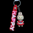 Red Labubu keychain with 'HAPPY' wristlet featuring a cute Labubu doll on a silver keyring.