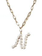 Pearl Essence Monogram Necklace with gold-tone chain and freshwater pearls by Avenue Zoe. Lead and nickel compliant jewelry.