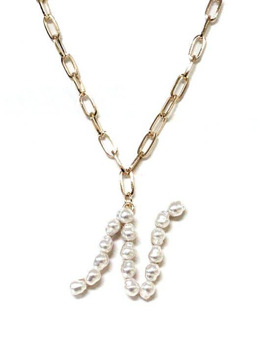 Pearl Essence Monogram Necklace with gold-tone chain and freshwater pearls by Avenue Zoe. Lead and nickel compliant jewelry.