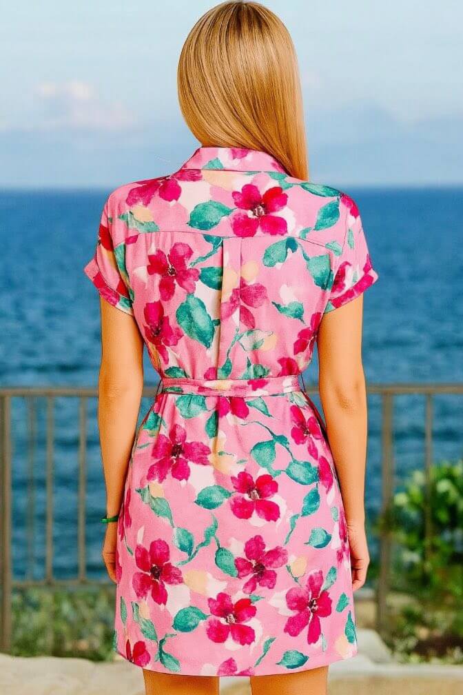 Back view of the Garden Getaway Dress featuring tropical floral print, ideal for beach outings and casual brunches.