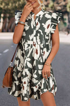 Woodland Walks Dress in forest green floral print with flutter sleeves, perfect for summer outings.