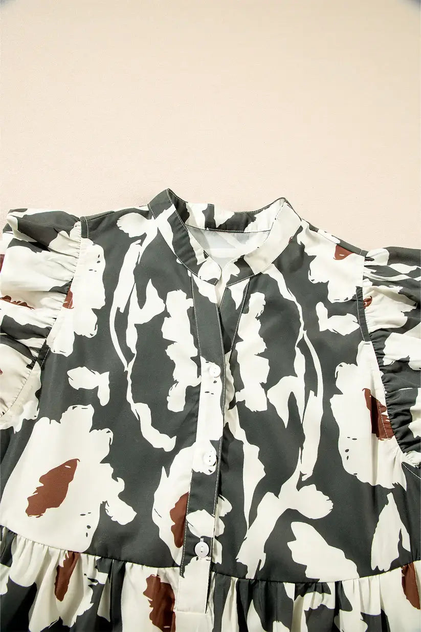 Woodland Walks Dress with flutter sleeves and floral print, featuring a half-button placket in forest green.