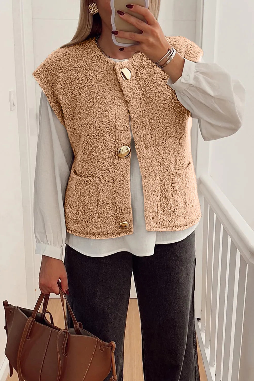 CLASSIC COMFORT SHERPA VEST shown in light French beige with oversized buttons and pockets, worn over a white top.