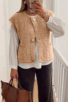 CLASSIC COMFORT SHERPA VEST shown in light French beige with oversized buttons and pockets, worn over a white top.
