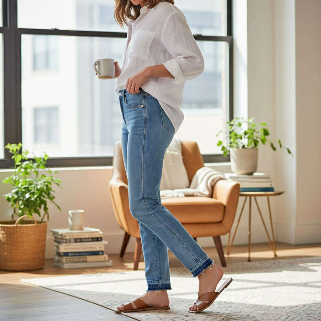 Woman wearing JUDY BLUE - AVERY JEANS in a bright living room, holding a coffee cup, styled for casual elegance.