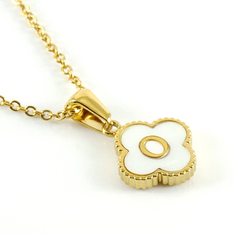 Clover Shell Initial Charm 18K Golden S.Steel Necklace - FGS with white shell pendant on a gold chain.