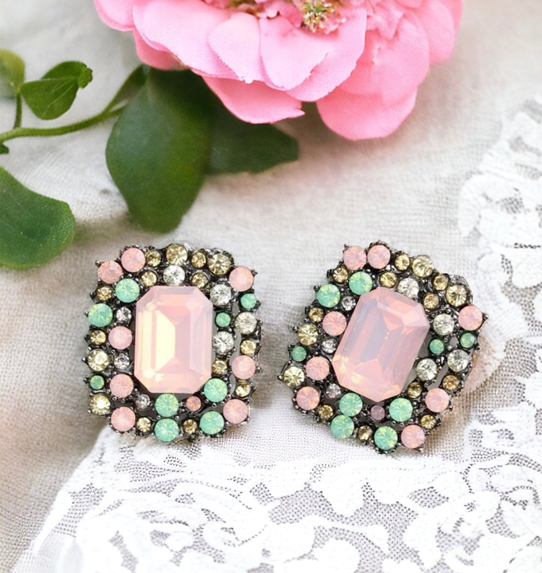 Pastels of Spring earrings featuring pink cubic zirconia and sparkly mint, yellow stones in antique silver setting.
