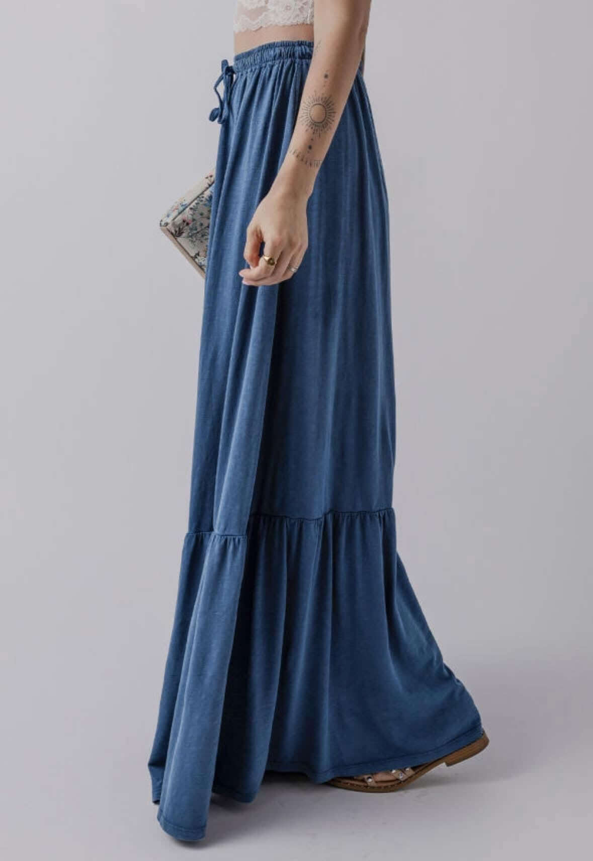 FLY WITH ME MAXI SKIRT: Stylish blue maxi skirt with tiered design and drawstring waist for a chic summer look.