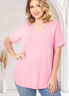 Plus size Softest Rose Tee by Zenana in pink, featuring a v-neck and relaxed fit for ultimate comfort.