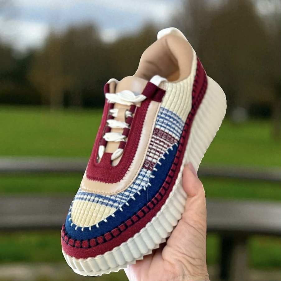 Corkys Adventure Sneakers in burgundy Aztec design, featuring whipstitch and woven details, perfect for casual outings.