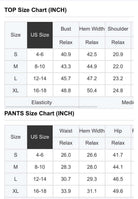 MOMENT IN TIME - 2 PIECE SHORTS SET size chart displaying measurements for tops and pants in inches.