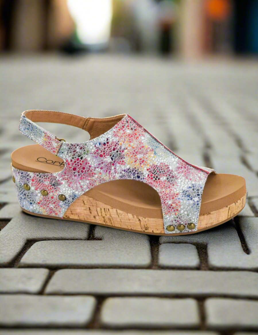 Corkys limited edition Volta wedges with floral design, preorder available, ships in 1-2 weeks.