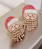 Festive Father Christmas earrings with faux pearl beard and rhinestones, perfect for holiday accessories. Size: 1.5 x 1.2 inches.