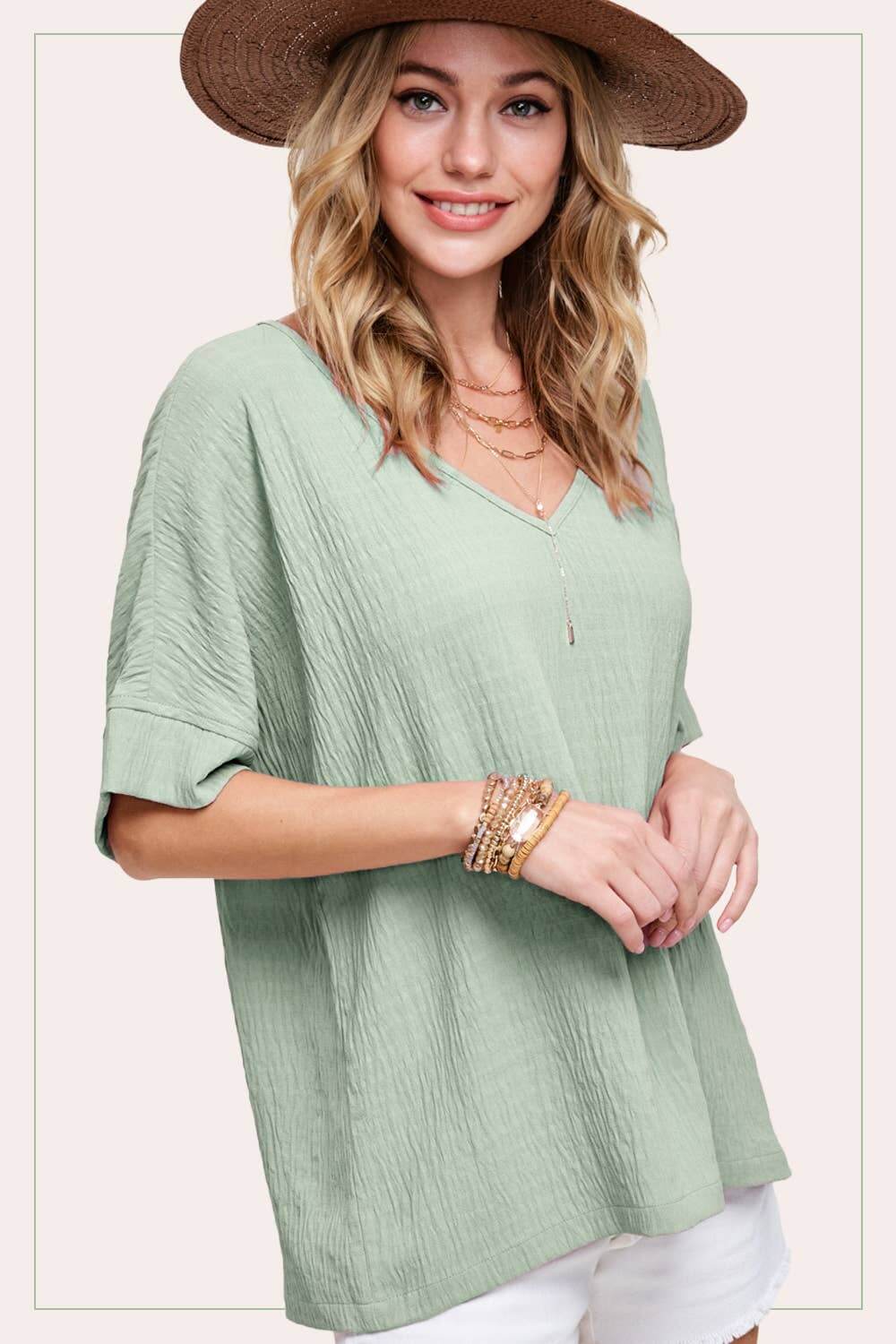 Thinking About You Top (Sage) – Trendy Boutique Blouse by La Miel $34.00 Discover comfort and style with our boutique sage blouse. Perfect loose fit with v-neckline and unique woven airflow design for a trendy, relaxed look. Teal Tiger Boutique