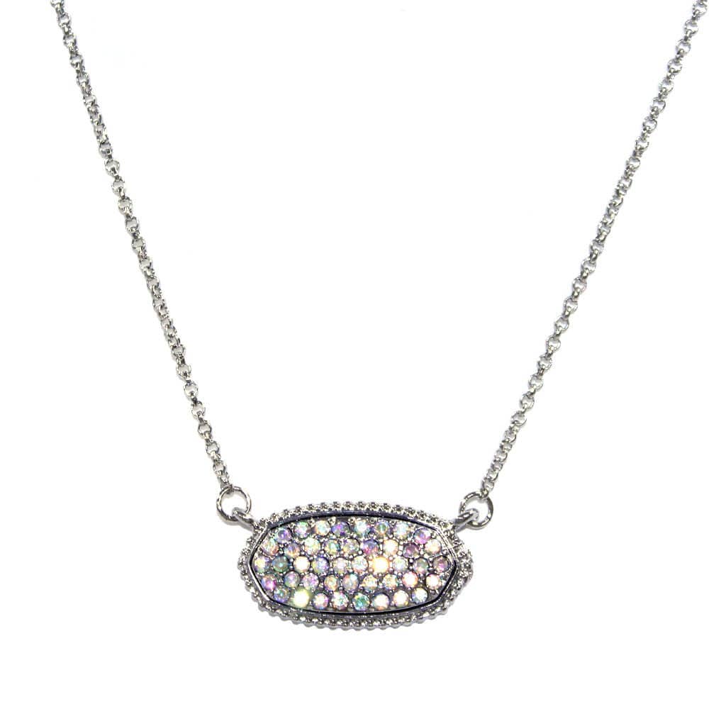 Sparkling druzy oval pendant necklace on a silver chain, showcasing iridescent crystals for an elegant look.