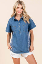 DELIGHTFUL DENIM TOP - Style & Comfort Blouse by Easel $34.00 Shop our DELIGHTFUL DENIM TOP by Easel. Trendy boutique blouse with patchwork, frayed hem, and pockets. Ultimate comfort and style! Teal Tiger Boutique