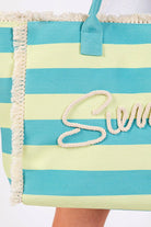 MB0267 Sewn Tope Summer Letter Fringe Striped Tote Bag in blue and yellow with playful fringe detail.