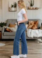 Model wearing JUDY BLUE SOPHIA JEANS with a high waist and wide-leg fit, showcasing comfort and style.