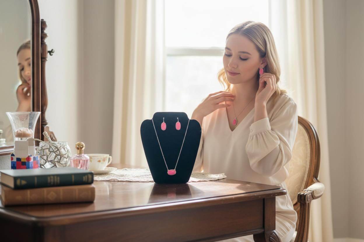 Pink Druzy Necklace & Earring Set displayed on a stand with a model trying on the jewelry at a vanity.