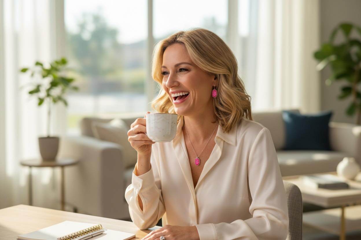 Woman enjoying coffee wearing a Pink Druzy Necklace & Earring Set in a bright living room.