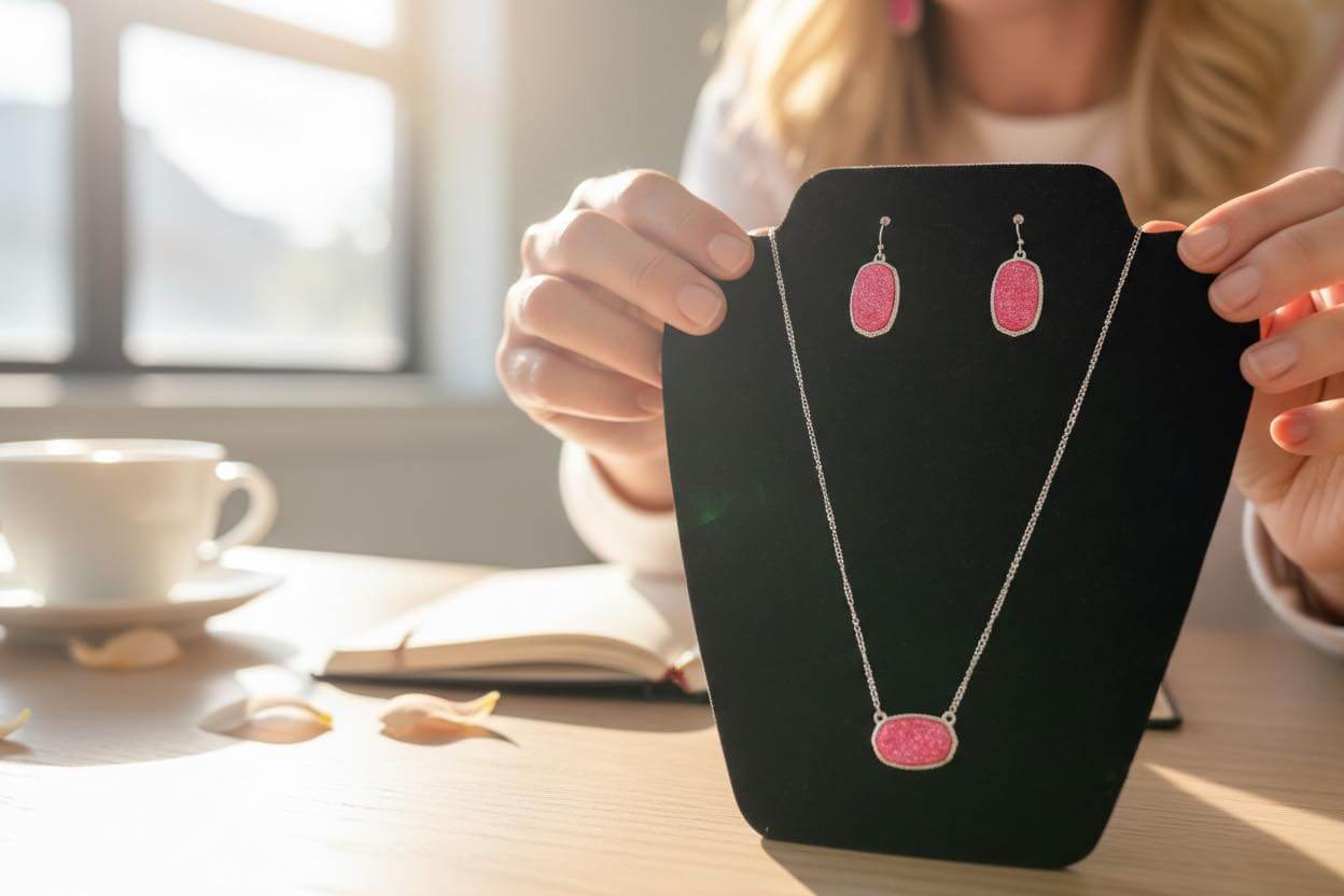 Pink Druzy Necklace & Earring Set displayed on a stand with matching drop earrings and pendant in a well-lit room.