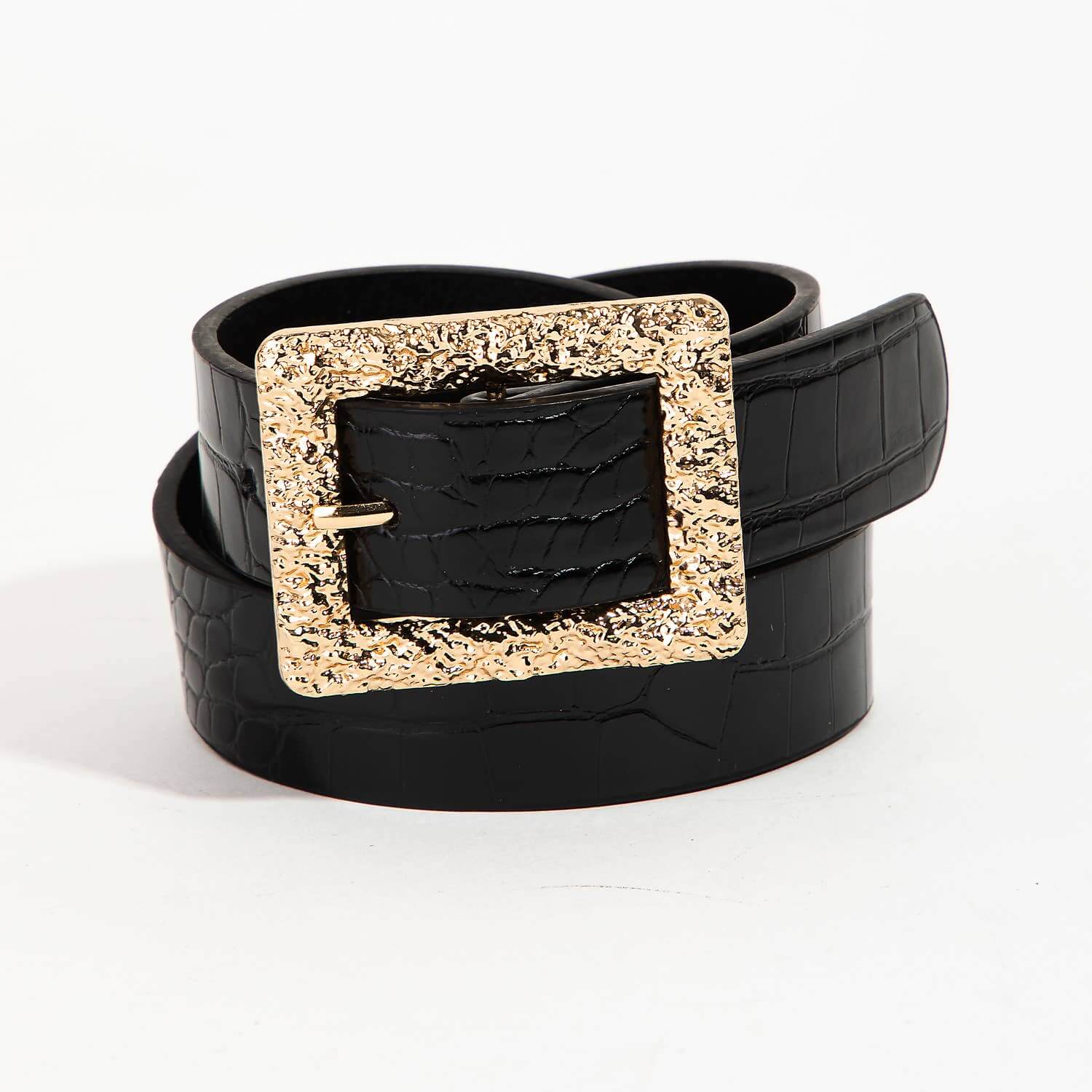 Faux alligator skin rectangle buckle fashion belt with gold accent, stylish accessory for modern outfits.