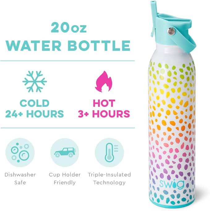 20oz Swig water bottle features cold retention for 24+ hours and hot for 3+ hours, colorful design, and dishwasher safe.